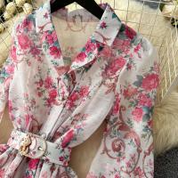 Vestido corto con estampado de wer para mujer, moda de primavera 2024, manga larga acampanada, botones de perlas con muescas, Mini Vestidos de fiesta con cinturón - details 16