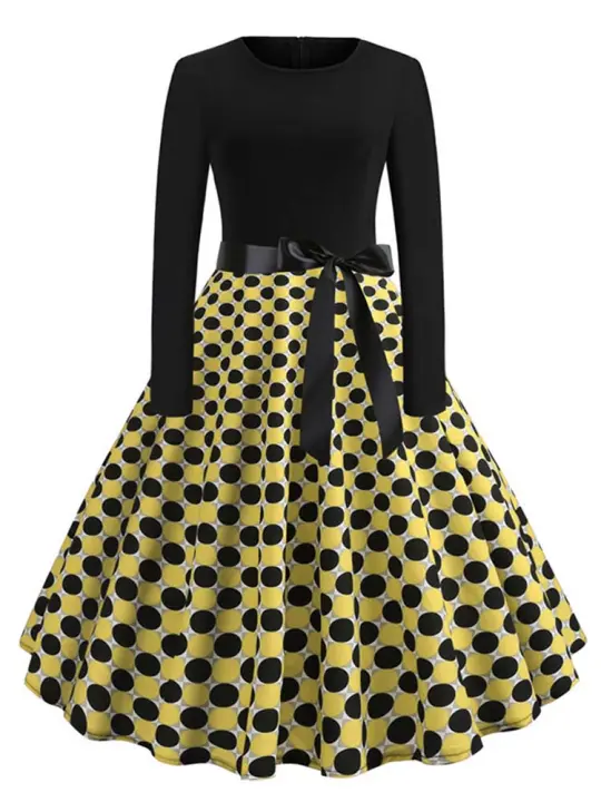 Women dot print party elegant vintage swing long sleeve dress - 1