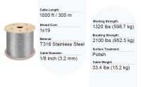 SucceBuy Cable de cuerda de alambre de acero inoxidable T316 de 3,2 mm de diámetro exterior, 1000 pies de longitud, tensión de 11,14 kN, acero inoxidable flexible - details 1