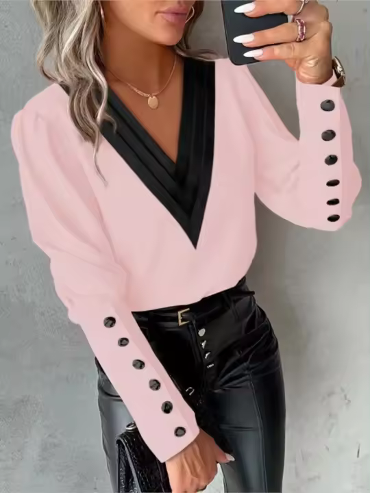 Top blanco de manga larga con cuello en V para mujer, suéter elegante informal de moda para oficina, rosa, 2025 - 1