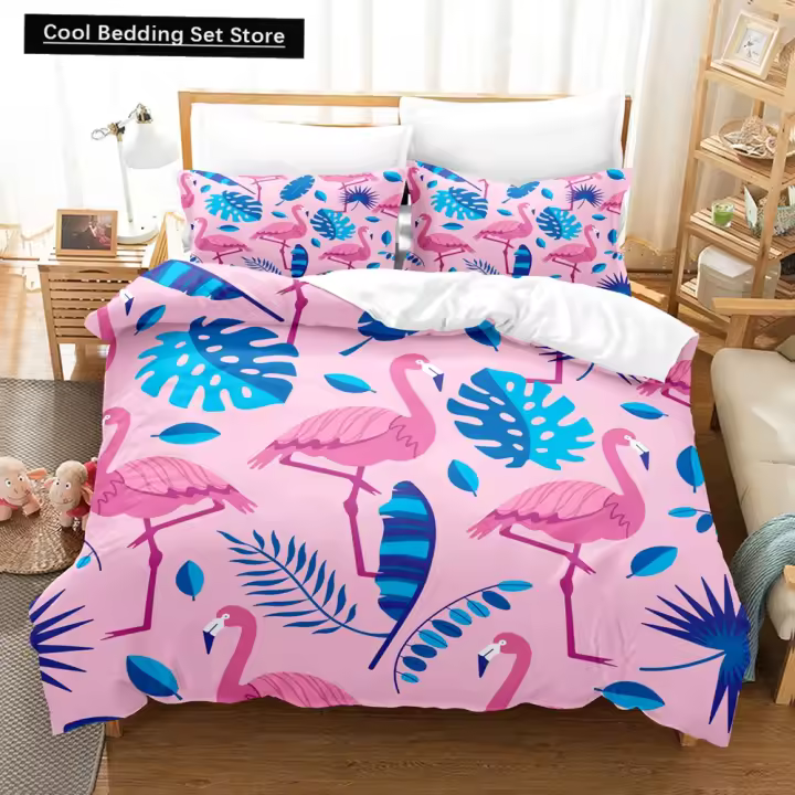 Juego de Ropa de Cama Tropical de Palmeras Cubierta de Duvet de Flamenco, Rey y Reina - 1