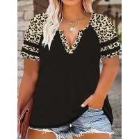 Camiseta de manga corta con estampado floral de leopardo y corte holgado informal para mujer de talla grande |     Top de verano de gran tamaño - details 6