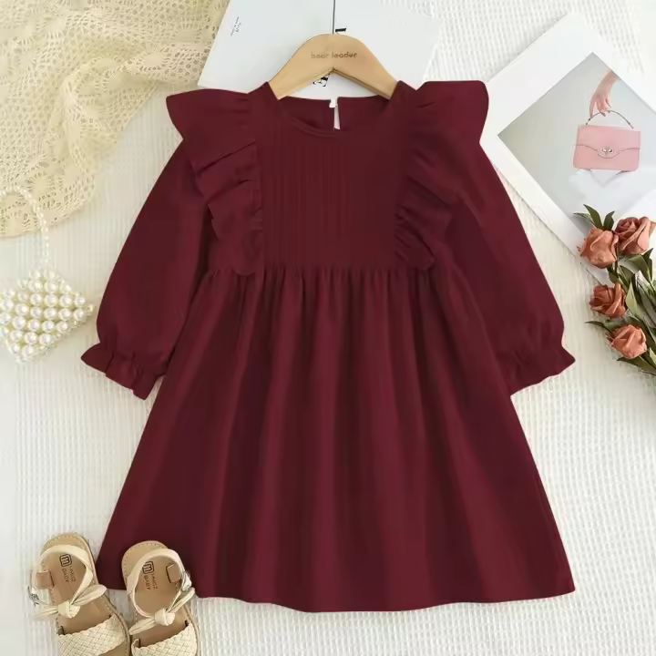 Vestido liso informal de otoño, vestidos plisados ​​de manga larga para niñas, ropa rosa, nueva ropa de moda para niños - 1