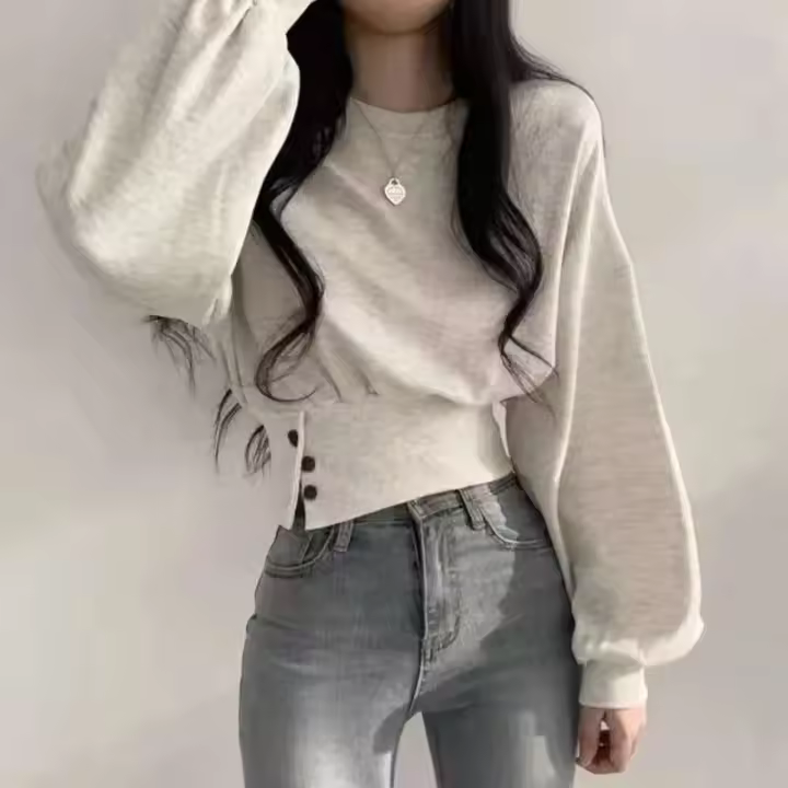 Pullover Deportivo Hip-Hop de Otoño Cuello Redondo, Manga de Lámpara, Botón - 1