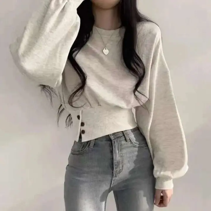 Pullover Deportivo Hip-Hop de Otoño Cuello Redondo, Manga de Lámpara, Botón - 1