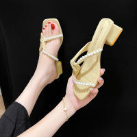Premium zapatillas mujer desgaste exterior moda 2025 nueva perla versátil tacón medio sandalias de tacón grueso temperamento una palabra - details 7