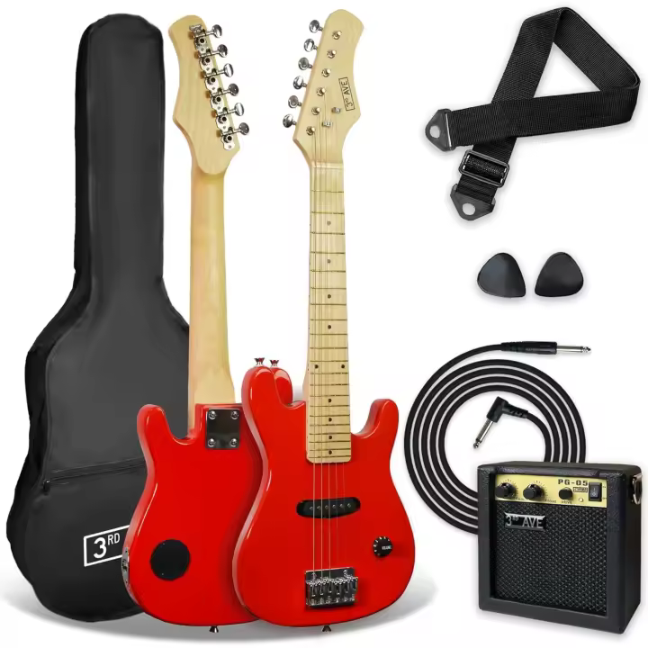 Pack de guitarra eléctrica de tamaño 1/4 para niños principiantes de 3rd Avenue, amplificador portátil de 5 W, cable, funda de transporte, púas y correa, Rojo - 1