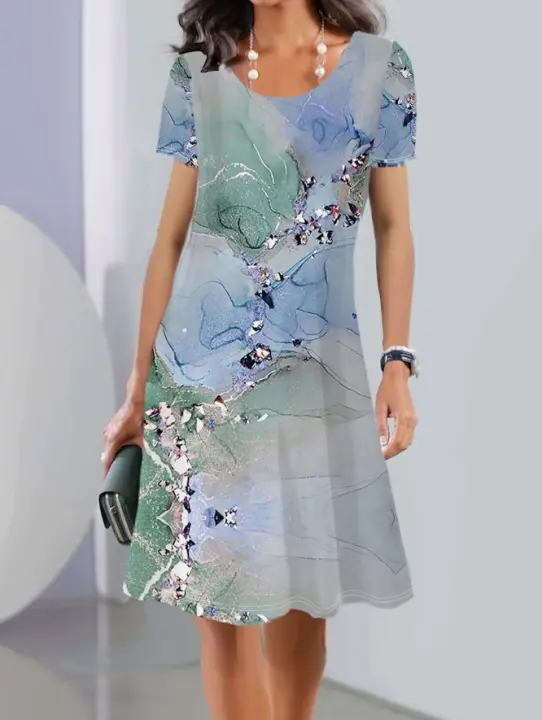 Vestido de manga corta con cuello redondo para mujer, estampado informal, moda de verano - 1
