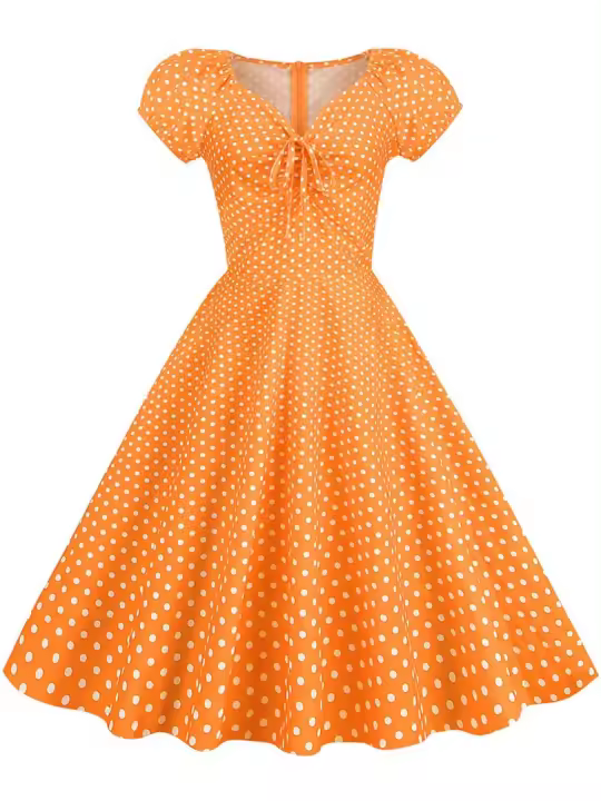 Nuevo 2025 elegante vintage estampado de puntos mujeres verano puff manga corta cuello pico casual a-line midi vestido de fiesta - 1
