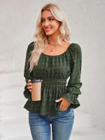 Top informal de manga con volantes para mujer, Top con cuello redondo y cintura, Color liso, otoño e invierno, 2023 - details 13
