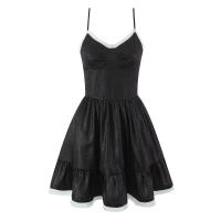Estilo retro francés verano Spice Girl vacaciones princesa viento malla empalme jacquard liguero vestido cintura delgada falda negra. - details 0