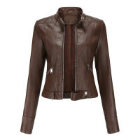 Chaquetas de piel sintética para mujer, abrigo ajustado con cremallera para motocicleta, abrigo corto de PU para motorista - details 16