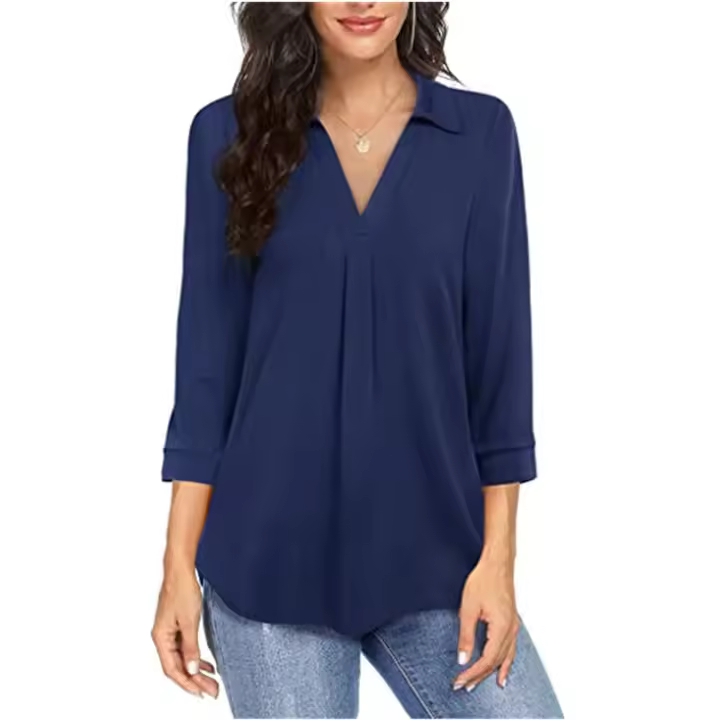 Camisa de Mujer 2025 Elegante Chifón, Cuello en V, Manga 3/4, Estilo Europeo, Tejido Transpirable - Moda de Oficina y Casual - 1