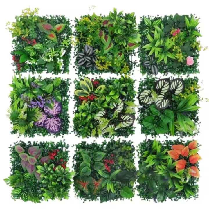 Panel de pared de plantas artificiales DIY, simulación realista duradera, hoja de planta de arce, verde, 25x25cm, estera de hierba verde falsa - 1