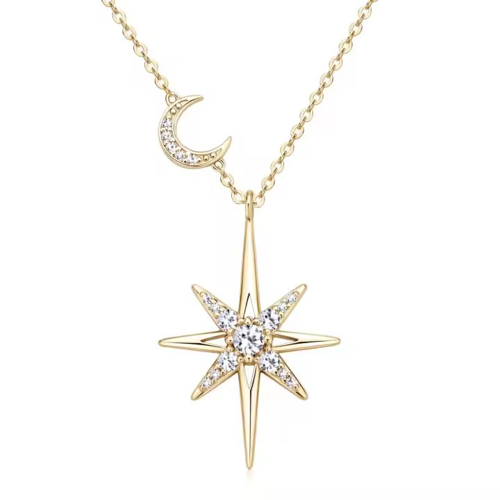 Collar de Plata Esterlina Completa de 100% 925 Gargantilla de Estrella y Luna En Oro de 18 Quilates - 1