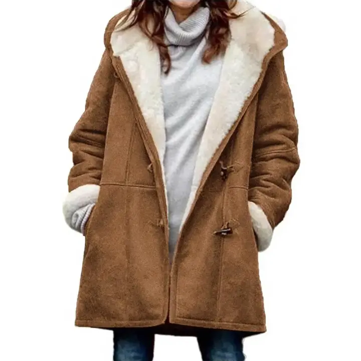 Abrigo casual de felpa para mujer de otoño e invierno, chaqueta cálida a prueba de viento con capucha para exteriores - 1