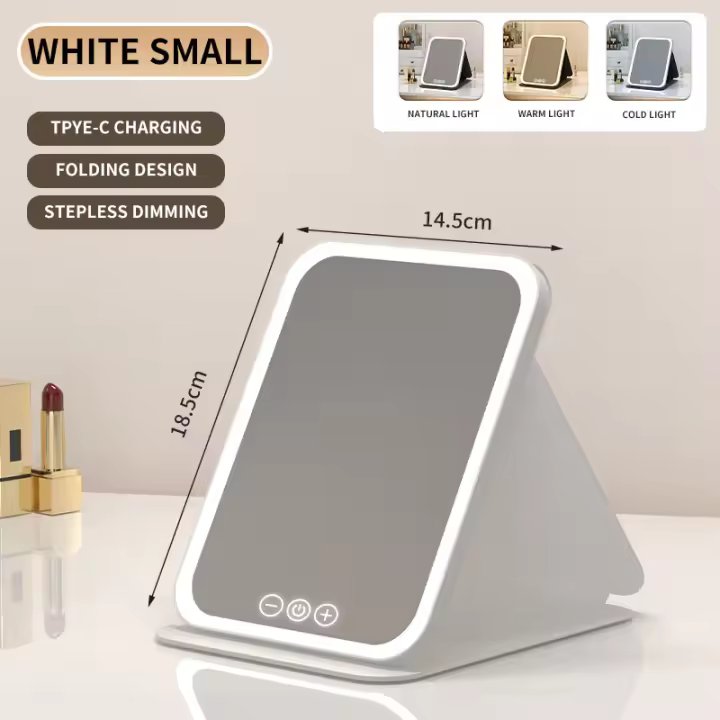 LZ1217 Espejo de Maquillaje de Cuero Sintético LED Plegable con 3 Colores de Luz, Espejo de Baño Recargable Tipo-C, Espejo de Belleza (Pequeño) - 1