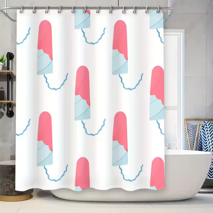 Cortina de ducha Cortina de ducha de arte pop juguetón Decoración de baño con patrón de helado azul y rosa moderno para decoración del hogar Tela impermeable lavable - 1
