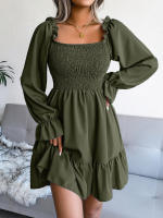 Vestido elegante de manga larga para mujer, falda de cuello cuadrado, de Color sólido vestido de volantes, moda de primavera y otoño - details 4
