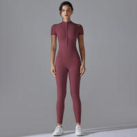 Body de yoga para mujer, ropa moldeadora deportiva de manga corta, traje de gimnasio de una pieza, nailon de color sólido - details 23