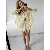 Conjunto casual de moda con volantes Design Sense, primavera verano, nuevo cárdigan con lazo, top y shorts, ropa de mujer - details 11