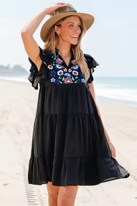 Elrachen Mini vestido con volantes y bordado floral para mujer, negro, tallas S-XL - 1
