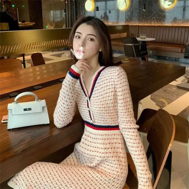 Vestido de punto ajustado con cuello en V Vintage para mujer, Vestidos informales coreanos, prendas de punto de manga larga, Vestidos elegantes de primavera A-e 2024 - 1