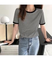 Camiseta de manga corta a rayas para mujer, novedad de verano, versión coreana, Top holgado Retro con ajuste en contraste y cuello redondo, moda informal para mujer - details 11