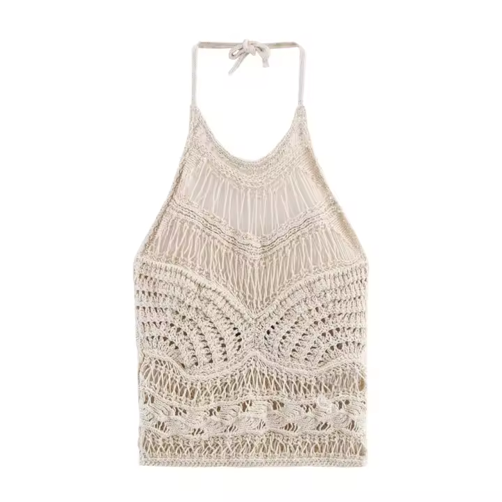 PB&ZA2025 top de tirantes casual estilo vacacional junto al mar con cuello halter de punto hueco, ropa nueva de verano para mujer - 1