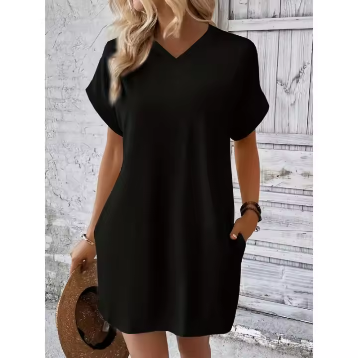 Verano primavera nuevo vestido de bolsillo de manga RT suelto redondo de Color sólido para mujer - 1
