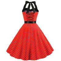 Vintage Women Summer Polka Dot Print Halter Party Dresses - details 18