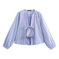 OUWU- Blusas A Rayas Con Cordones Para Mujer, Top Elegante Con Cuello En V Y Manga Larga Con Lazo, Camisa Holgada De Calle Dulce, Novedad De Primavera Y Verano 2025 - details 1