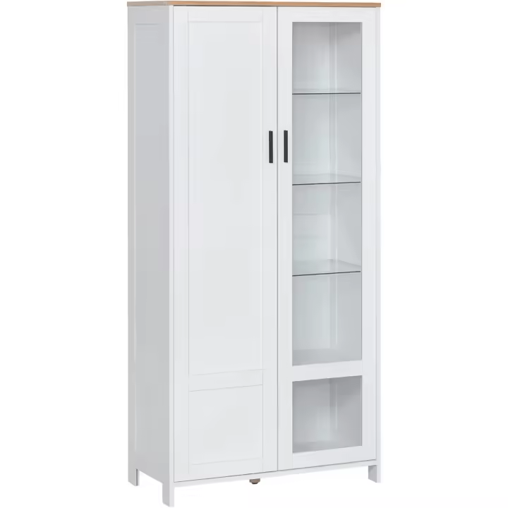 Alacena de cocina, mueble auxiliar de cocina con puerta de vidrio, estantes ajustables y patas elevadas para salón comedor, 76x36x160 cm, blanco - 1