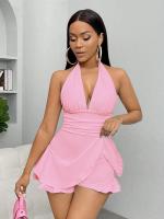 Vestido corto de cuello V profundo de mujer con pecho bajo y barriga delgada - details 6