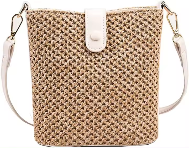 Bolso de Playa de Paja Verano Bolso Cruzado Ajustable para Mujeres Bolso de Vacaciones con Patrón a Rayas Bolso de Cesta de Nylon - 1