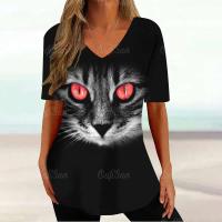 Camiseta Gráfica de Gato Kawaii Manga Corta, Estampado Haruku, Cuello en V, Ropa Suelta para Mujeres - details 12