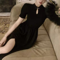 Cheongsam falda larga juvenil de temperamento de alta gama, vestido negro de estilo chino, novedad de verano, ropa de mujer - details 7