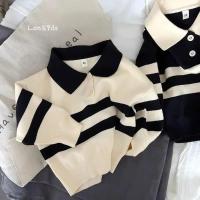 2025 nuevo estilo coreano primavera otoño suéter para niños niñas dos piezas botón rayas solapa Top de punto Casual ajuste elegante - details 3