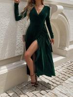 Vestido largo dividido suave de color sólido con cuello en V y manga para mujer - details 14