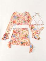 Bikini de 4 Piezas con Estampado Floral Top Halter con Escote en V Alto y Mangas Largas Camisa de Cubrir y Falda para Mujeres Moda - details 1