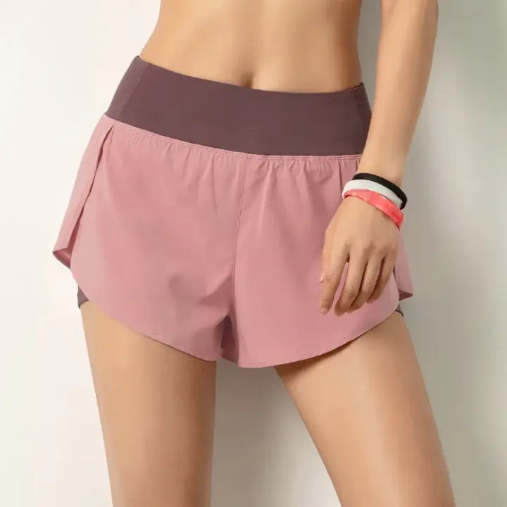 Pantalones cortos para correr para mujer, 2 en 1, con bolsillo, cintura ancha, capa de cobertura, forro, mallas deportivas para Yoga, Fitness, entrenamiento, gimnasio - 1