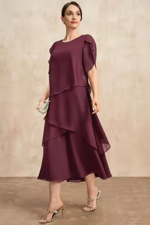Temperamento gasa madre de la novia dobladillo en capas irregulares manga corta Maxi fiesta vestido de invitados de boda de talla grande - 1
