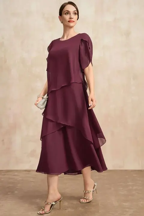 Temperamento gasa madre de la novia dobladillo en capas irregulares manga corta Maxi fiesta vestido de invitados de boda de talla grande - 1