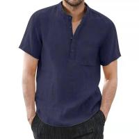 Camiseta de manga corta para hombre, camisetas informales de algodón y lino para hombre, camisa de verano de Color sólido, cómoda y transpirable - details 4