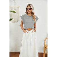 BUNO-2025 Tops para mujer, pantalón corto informal de moda de verano, camisetas básicas con textura a rayas de Color sólido y cuello redondo - details 26