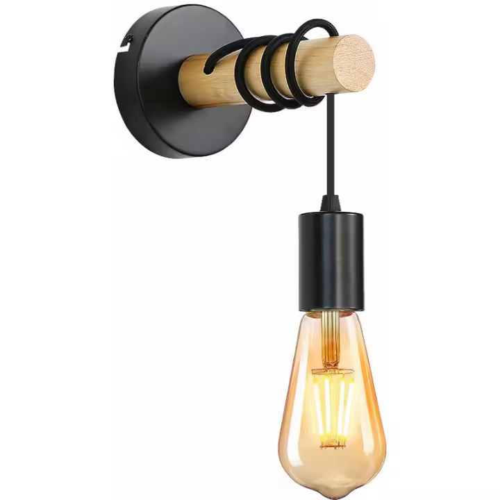 Lámpara de Pared Vintage de Madera Diseño Industrial Retro Enchufe E27 - 1