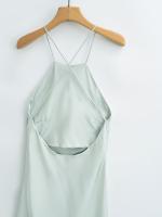 Ropa de mujer europea y americana temperamento de moda vestido versátil de satén de seda con tirantes verde y negro - details 13