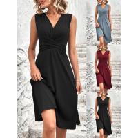 Nuevo producto verano 2025 color sólido con cuello en V, cintura cruzada plisada, vestido sin mangas, midi y largo, vestido largo de mujer - details 1
