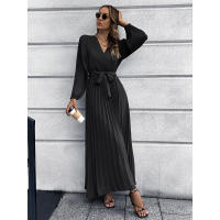 Vestido largo casual con cuello en V Murder de pliegues y encaje para damas 2025 - details 10