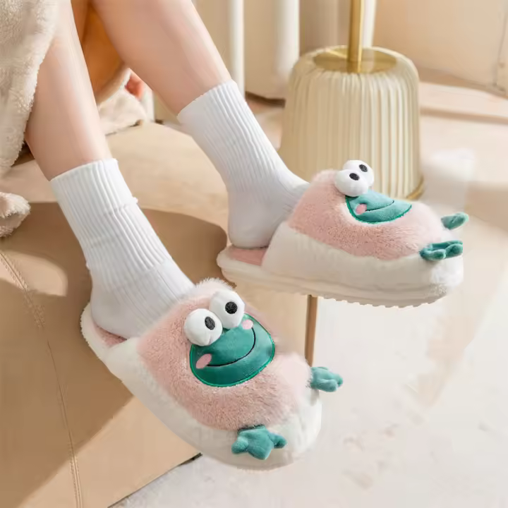 Zapatillas de algodón antideslizantes de rana para parejas, zapatillas térmicas de fondo grueso para el hogar interior - 1
